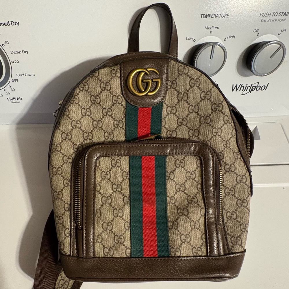 Gucci Beige Backpack with Green and Red Accents